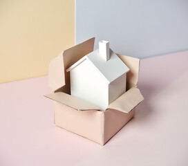 Poster - A small white model house is nestled within a tiny box surrounded by soft pastel colors._00002_