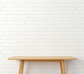 Aufkleber - A simple wooden table sits atop a plain white brick wall in a minimalist room setting._00002_