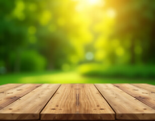 Poster - A serene empty wooden tabletop blends with a blurred green garden backdrop at dawn._00002_