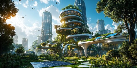 Poster - A futuristic cityscape blending nature with architecture, showcasing sustainable living.