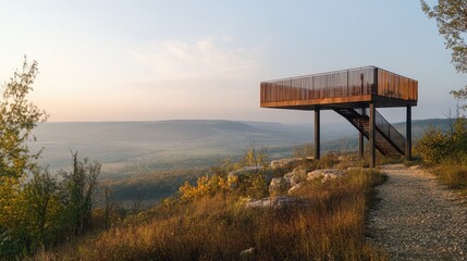 Wall Mural - A temporary observation deck made of steel and wood, offering elevated views of a scenic landscape, blending into its environment