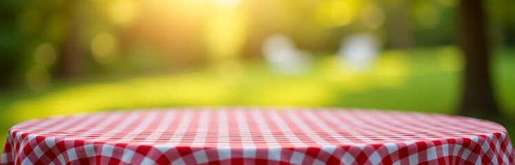 Aufkleber - A red and white checked tablecloth in a garden setting with an abstract bokeh effect in the morning light._00001_