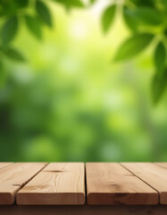 Aufkleber - A real wood tabletop with a blurred leaf tree garden background is ideal for creating a unique product display design visual._00002_