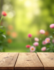 Aufkleber - A real wood tabletop with a blurred flower garden background creates a natural and inviting product display or design visual._00001_