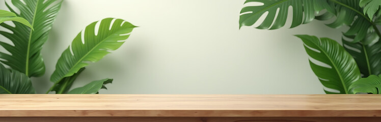 Aufkleber - A minimalist wooden table with a natural tropical leaf backdrop is ideal for a product display or key visual in a montage._00001_