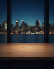 Poster - A minimalist wooden table sits empty amidst a blurred cityscape at night, perfect for displaying products or as a key visual._00001_