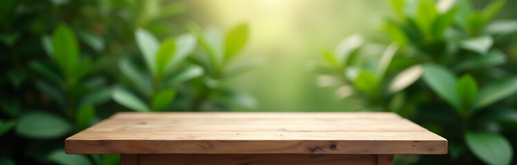 Aufkleber - A minimalist wood table sits amidst an abstract green garden backdrop, perfect for a product display or key visual setup._00002_