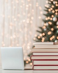 Poster - Cozy Holiday Library with Books, Laptop, and Festive Lights