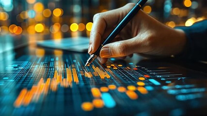 Poster - Professional analyzing data trends with a pen on a digital tablet in a dimly lit office