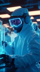 Poster - A scientist in protective gear works with glowing test tubes in a high-tech laboratory.