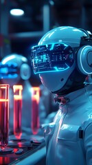 Poster - Futuristic lab scene with a humanoid robot and glowing test tubes.