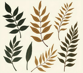Aufkleber - A collection of tropical leaves in a minimalist design featuring rich Ross gold accents on a natural, earthy background._00001_