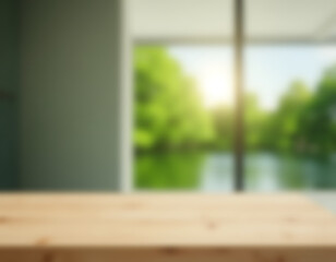 Poster - A blurred wall with a green landscape and glass window is in focus while the wood table blurs into the background._00002_