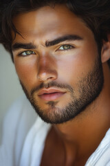 Wall Mural - Striking portrait of a young man with piercing green eyes and tousled hair captured in natural light