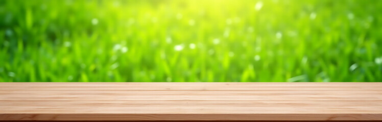 Poster - A beautiful pine wood textured table top is set against a lush green grass lawn in a simple yet elegant template design._00002_