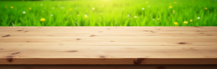 Poster - A beautiful pine wood textured table top is set against a lush green grass lawn in a simple yet elegant template design._00001_