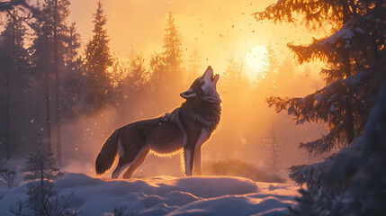 Wall Mural - A majestic wolf howling in the snowy wilderness, surrounded by a tranquil forest landscape, under a soft, glowing light of dawn. Echo. Illustration