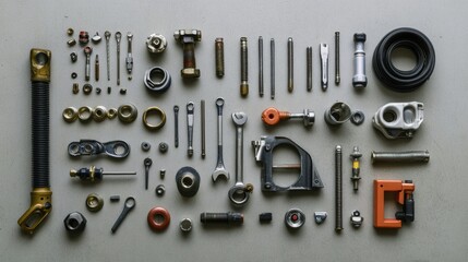 Poster - An array of car parts and tools like bolts, nuts, spark plugs, and wrenches is displayed on a worktable, showcasing a variety of mechanical items. Generative AI