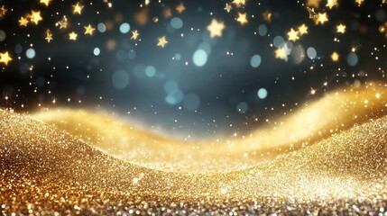 Poster - A shimmering golden wave flows smoothly, adorned with sparkling elements, providing ample copy space for creative text applications. Generative AI