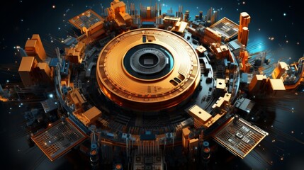 Wall Mural - a large golden circle with a city in the middle