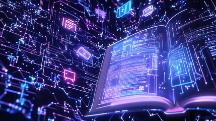 Poster - digital knowledge and information flow with open book and data background