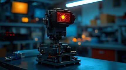 Poster - Futuristic robot with glowing red light in workshop.