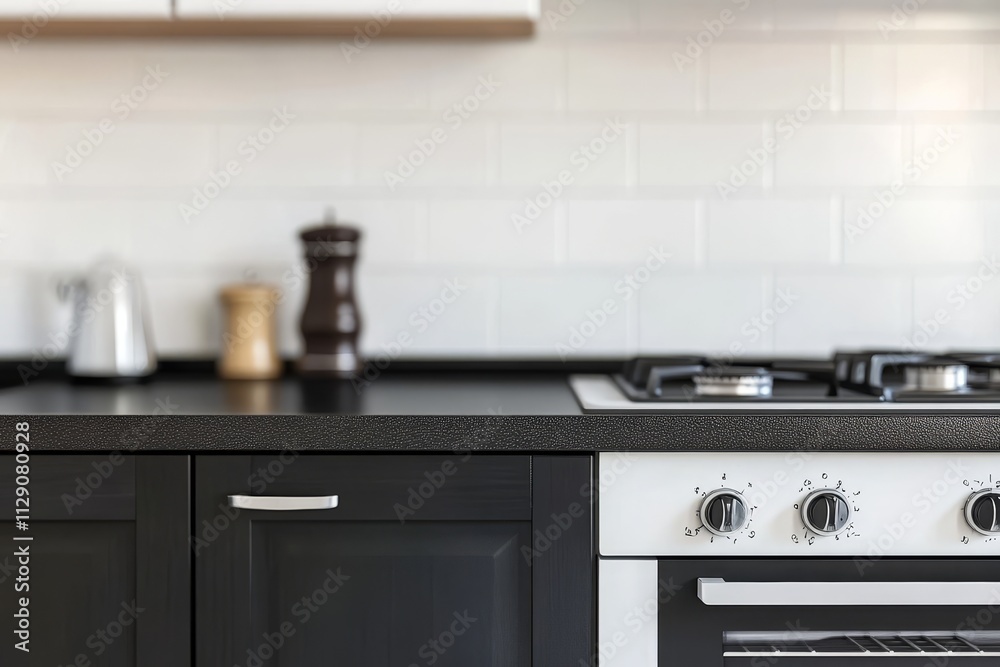 Modern kitchen countertop with black cabinets, gas stove, and white ...