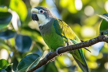 Colorful parrot perched on a branch in a lush green environment during daylight