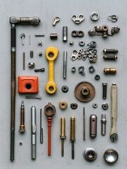 Poster - Numerous car parts and tools are organized on a flat surface, featuring bolts, nuts, spark plugs, and wrenches for repair work. Generative AI