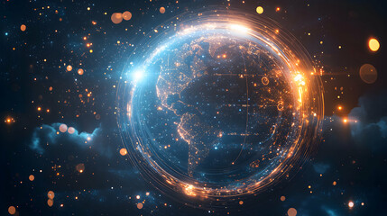 Poster - Illuminated Earth Globe Surrounded By Energetic Light Trails