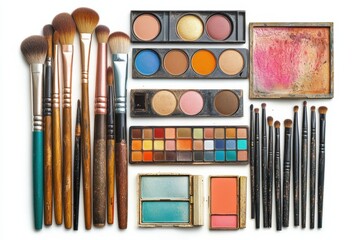 Poster - A colorful array of brushes, eyeshadows, lipsticks, and powders is displayed on a clean surface, inviting creativity in makeup artistry. Generative AI