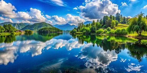 Wall Mural - Picturesque Lake Mirroring a Clear Blue Sky on World Water Day, Capturing the Beauty of Khal Bilas During Monsoons with Lush Greenery and Vibrant Reflections