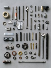 Poster - Various car parts and tools are systematically displayed on a gray surface, featuring bolts, nuts, spark plugs, and wrenches in a clean layout. Generative AI