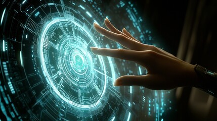 Poster - Hand interacting with futuristic holographic interface.