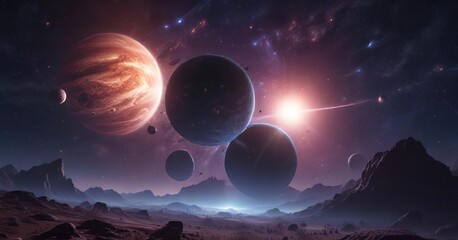 Cosmic scene with scattered stars and planets in a serene night sky, peaceful, astronomy