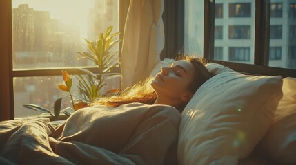 Poster - Soft sunlight filters through the window as a woman enjoys a peaceful slumber in her cozy bedroom, surrounded by gentle greenery and warmth. The atmosphere exudes calm