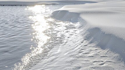 Poster - Sunlit stream flows beside snow-covered bank.