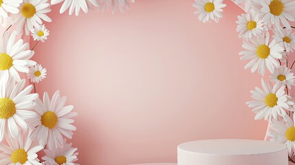 Wall Mural - Vibrant daisies frame a soft pink background. product podium , pastel minimal product display