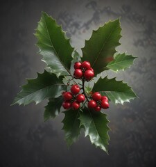 Wall Mural - Single holly sprig with bright red berries and glowing green leaves against a dark, muted background, branch, single sprig