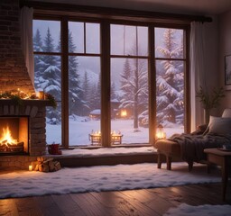 Wall Mural - snow-covered windows and a glowing fireplace on christmas eve, night, glowing