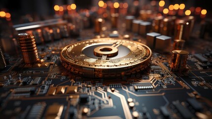 Canvas Print - A gold coin is sitting on a computer chip