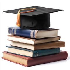 Poster - Graduation mortarboard on top of stack of books on white background with illustration
