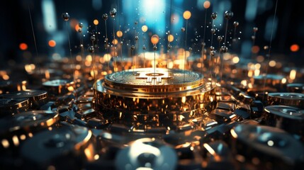 Wall Mural - A gold coin with a symbol on it is surrounded by many other gold coins
