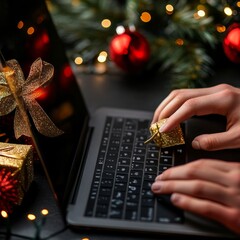 Poster - Hand using laptop with sent gift to online application and festive decorations on the black background.