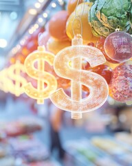 Poster - Glowing Currency Symbols in a Vibrant Street Market Exploring Economic Impact and Trade Trends