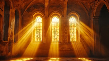 Golden light streams through three arched stained-glass windows in an old church.