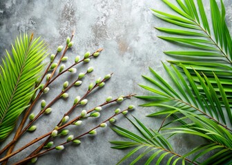 Wall Mural - Serene Flat Lay of Willow Branches and Palm Leaves for Palm Sunday Celebrations Capturing the Essence of Spring and Renewal in Architectural Style