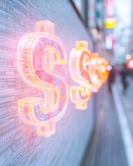 Poster - Glowing Currency Symbols in Urban Market Setting Capturing Trade and Economic Motion