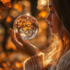 Aufkleber - A crystal ball in a hand of a woman during autumn or fall season