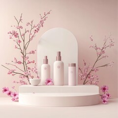 Poster - Beige podium display. Pink flower tree branch. Cosmetic or beauty product promotion floral pedestal. Abstract minimal advertise. Podium and stand for product promotion. 3D render copy space mockup.